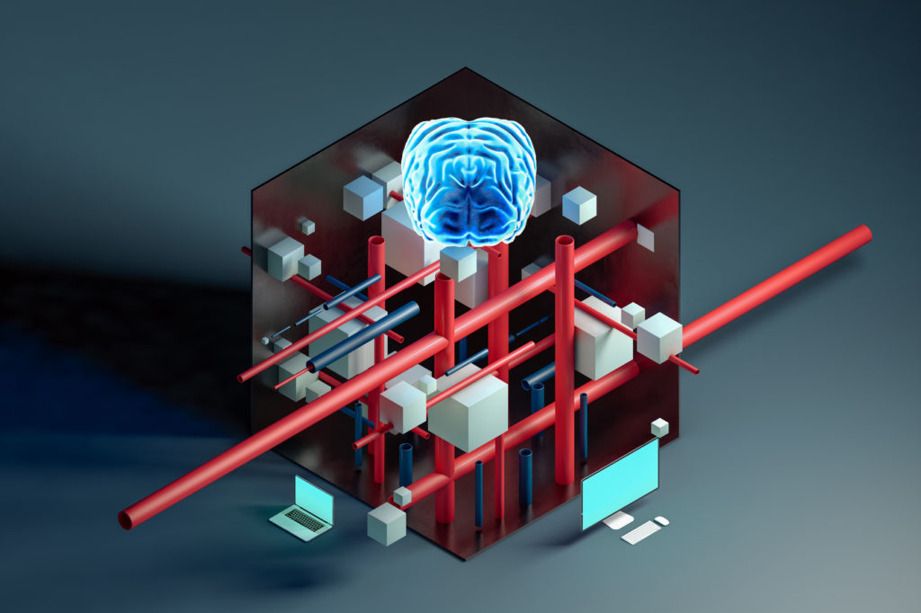 Isometric view of a brain representing artificial intelligence. Futuristic Innovation in Cyber Technology and Big Data